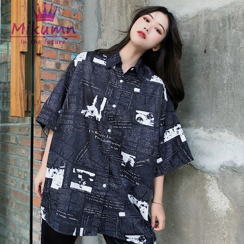 Женская винтажная блузка с принтом Harajuku свободная Повседневная рубашка коротким
