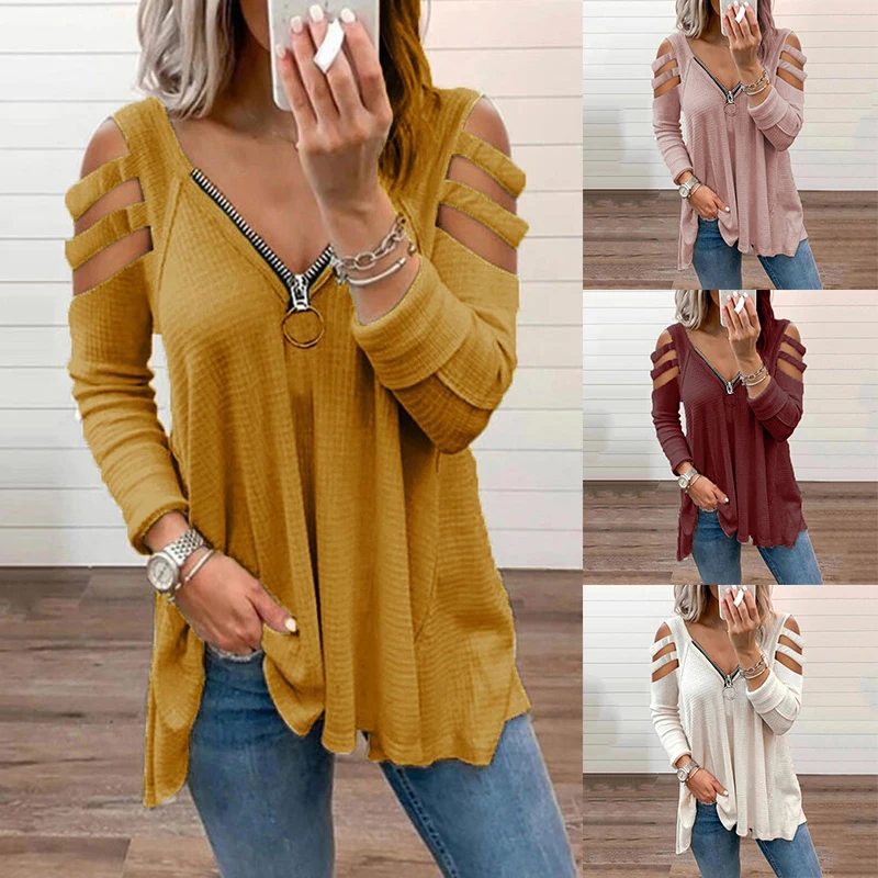 

Solid Color Shoulder Strap Long Sleeve T-Shirt Women Loose Fit Tops Long Sleeve T-Shirt Ladies Low Cut Zipper Hollow Out