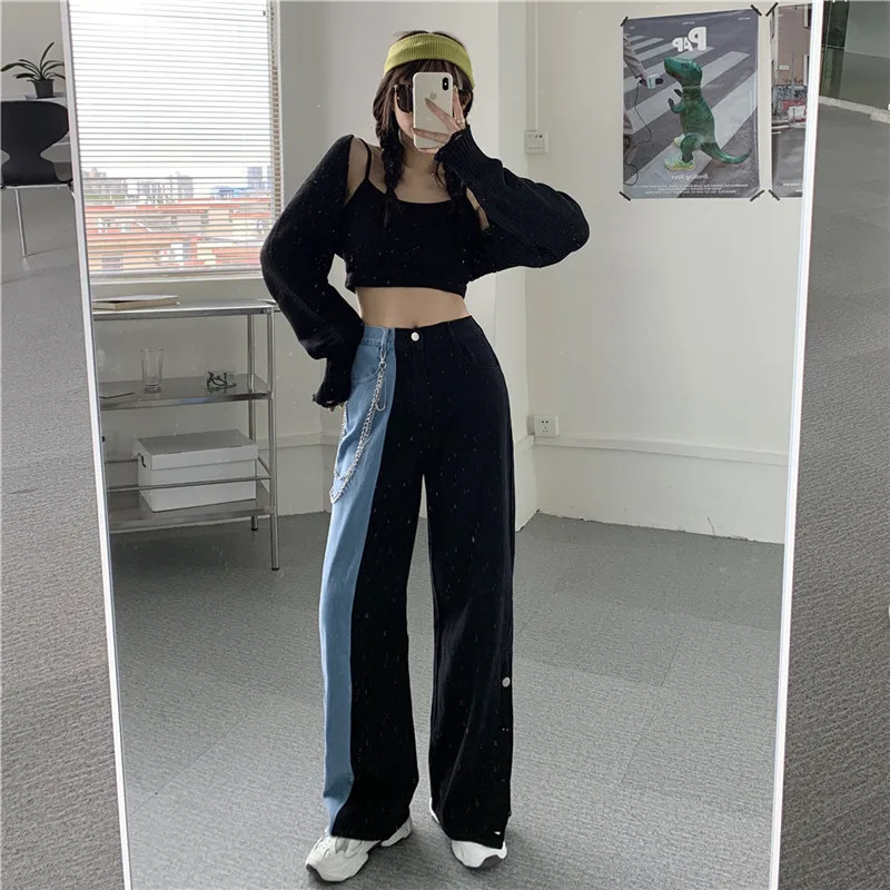 

Women's Wide-Leg Pants 21 Spring And Autumn New Split-end Hit Color Stitching Fashion Loose High Waist Comfortable Ladies Jeans