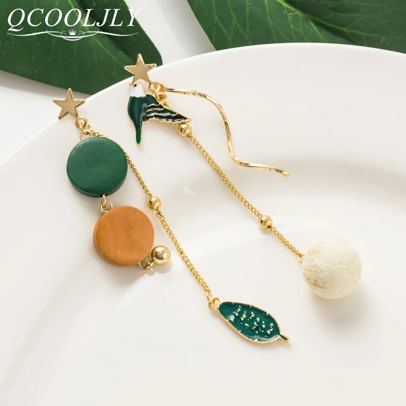QCOOLJLY оригинальный дизайн корейские висячие серьги с зелеными птицами и