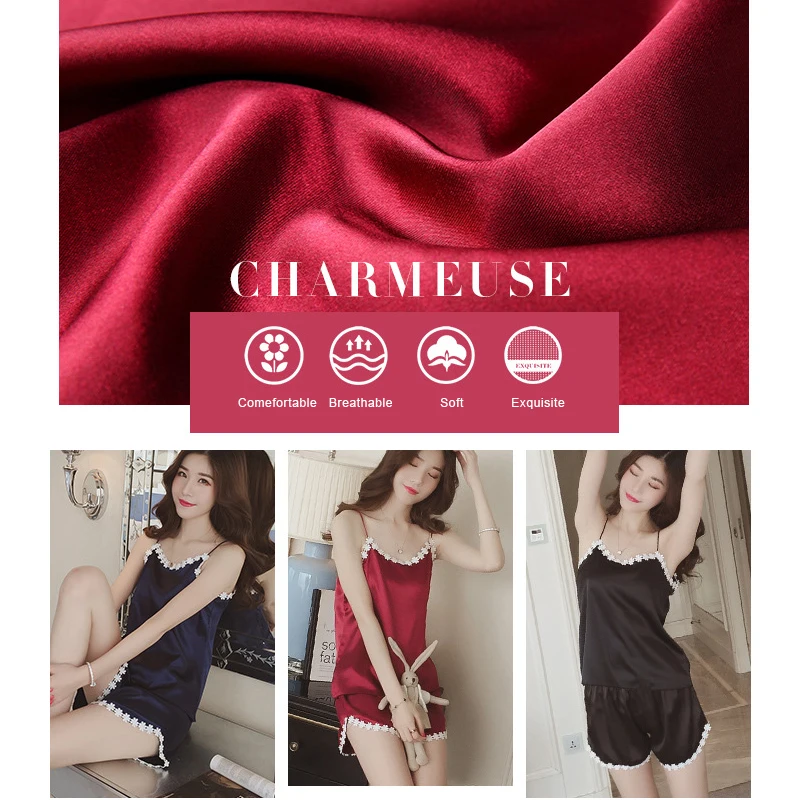 Женская пижама на бретельках для сна комплект сексуальная дышащая атласная