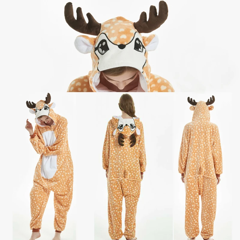 Christmas deer Women Kigurumi Unicorn Pajamas Sets Flannel Animal Stich Pajamas kits Winter warm unicornio Nightie Pyjamas Sleepwear Homewear - Цвет: Christmas deer
