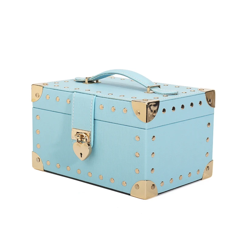 

Модная синяя Подарочная коробка для хранения колец, сережек, ювелирных изделий, из искусственной кожи с металлическим замком в форме сердца...