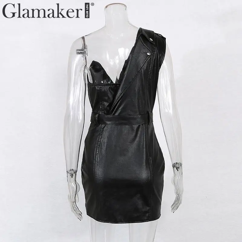 Glamaker из искусственной кожи, черное платье с открытыми плечами и ремнем, сексуальное Клубное облегающее платье на молнии, модные женские асимметричные платья с открытой спиной
