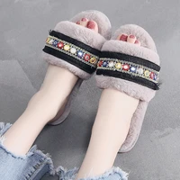 2020 student korean indoor and outdoor slippers one word furry home flat bottom non slip pregnant womens cotton slippers