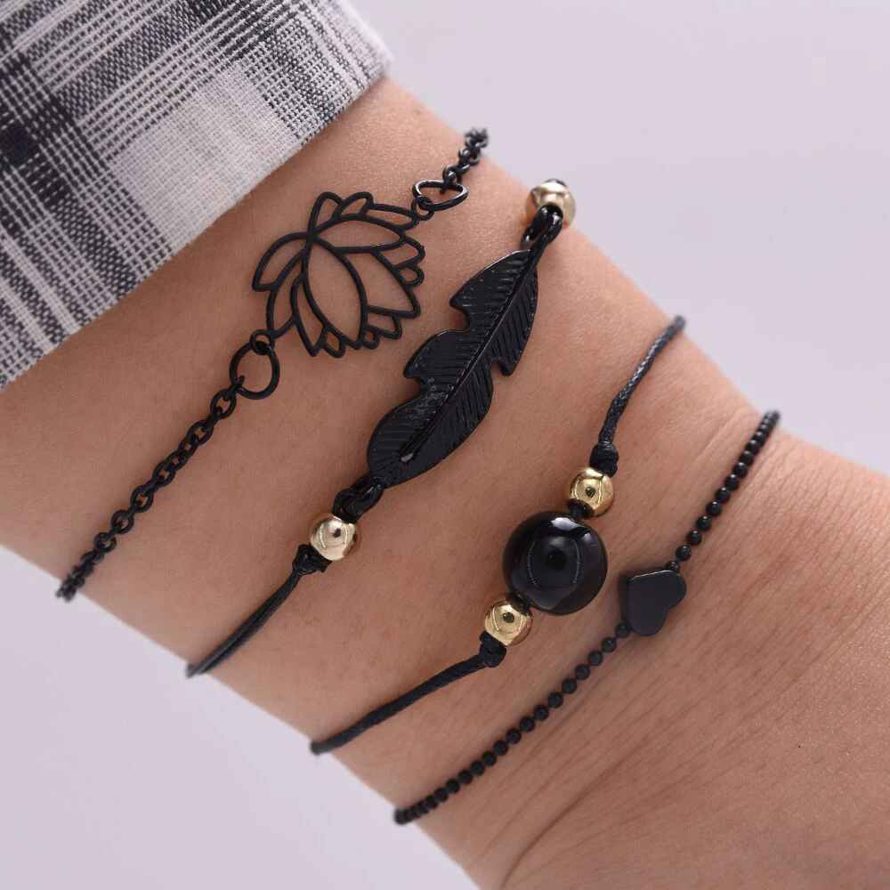 

2021 New Fashion 4PCs Gothic Black Feather Lotus Bracelets Set Heart Charm Boho Bangles For Women Wrist Chain Wholesale Bulk