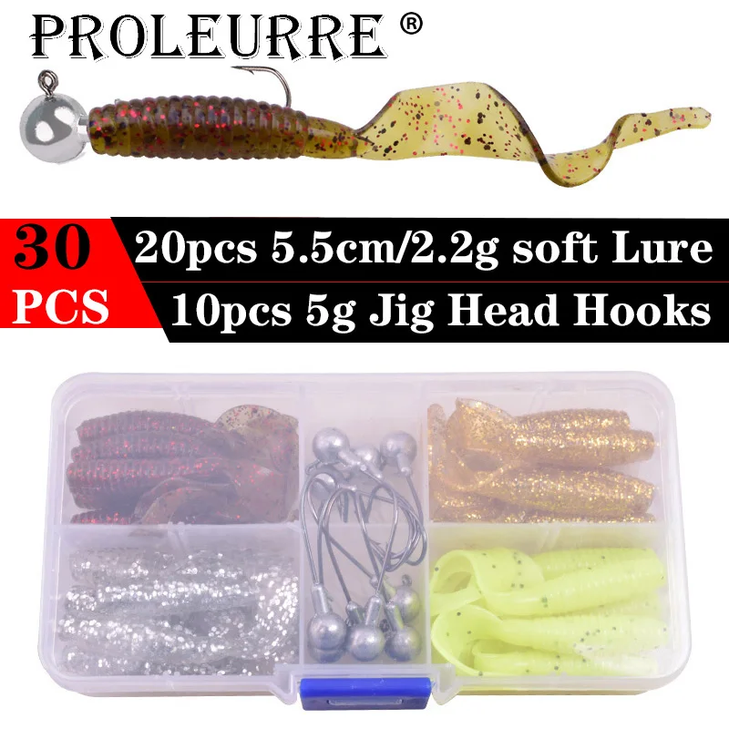 Proleurre 30 штук мягкие черви рыболовные приманки с 10 Lead Jig Head крючки станок и