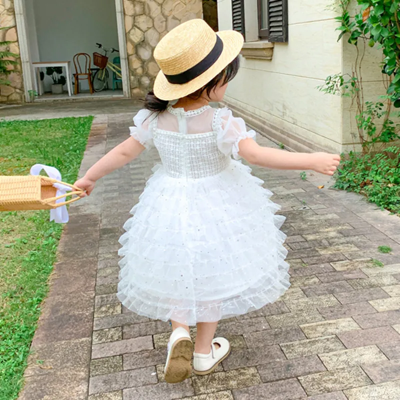 

DFXD Summer New Arrival Kids Girl Lace Puff Sleeve Princess Dress Fashion Korean Baby Layered Dress 1-7T Vestidos Girls Clothes
