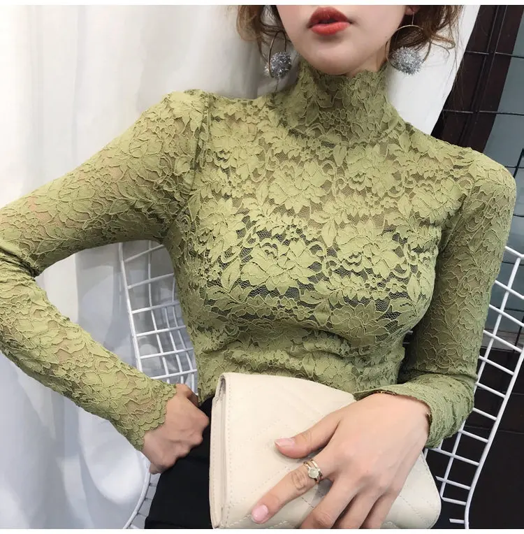 Новинка осенне зимняя облегающая теплая кружевная рубашка с воротником стойкой