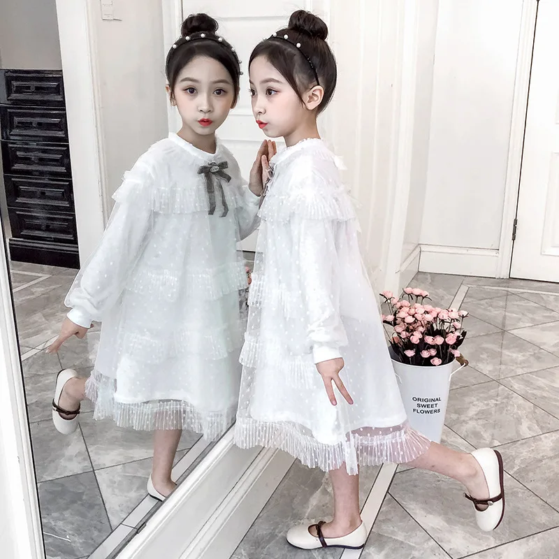 

Модные платья для девочек, свободное кружевное милое цельное платье с длинным рукавом и бантом, повседневная одежда для маленьких девочек