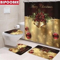 Merry Christmas Bell Ribbon Shower Curtain Bathroom Curtains Festival Decor Bath Floor Mat Non Slip Rugs Toilet Cover Carpet