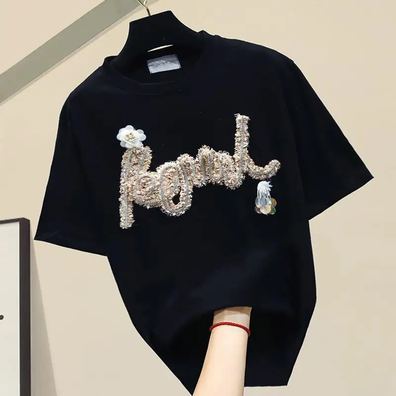 

Летние футболки GGRIGHT 2021, футболка с надписью, женская футболка, женские хлопковые топы, футболка, Женская Корейская футболка с бисером, женск...