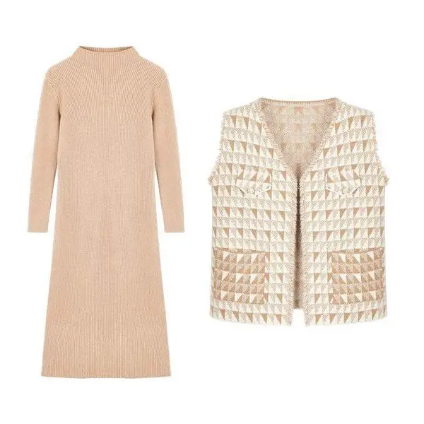 

Vintage Elegant Two Piece Sets Outfits Women Knitting Long Dress And Vest Suits Ladies Ins Style Autumn Winter 2 Pcs Sets 2019