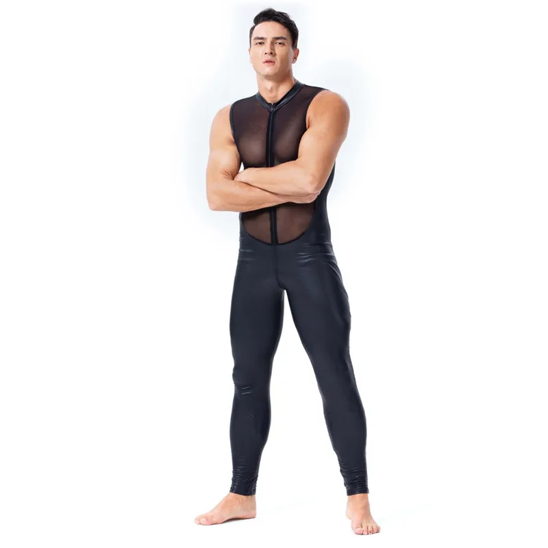 Мужской сексуальный комбинезон из искусственной кожи Сетчатое нижнее белье боди