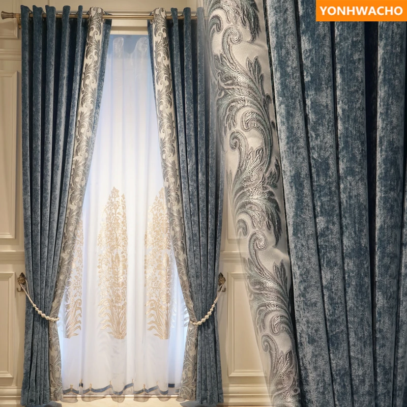 

Custom Curtains American Modern High-grade Chenille Bedroom Simple Cashmere Blue Cloth Blackout B146 Drape Curtain Tulle