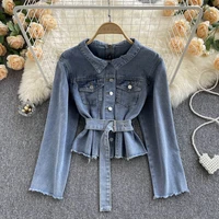 spring autumn women chic denim cropped jacket pocket frayed short jean jackets ladies 2022 new fashion button casual solid coats