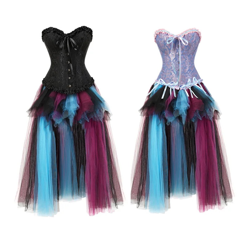 Women's lace long skirt corset sexy multicolors showgirl carnival party clothing halloween costume lace full skirt corset dress