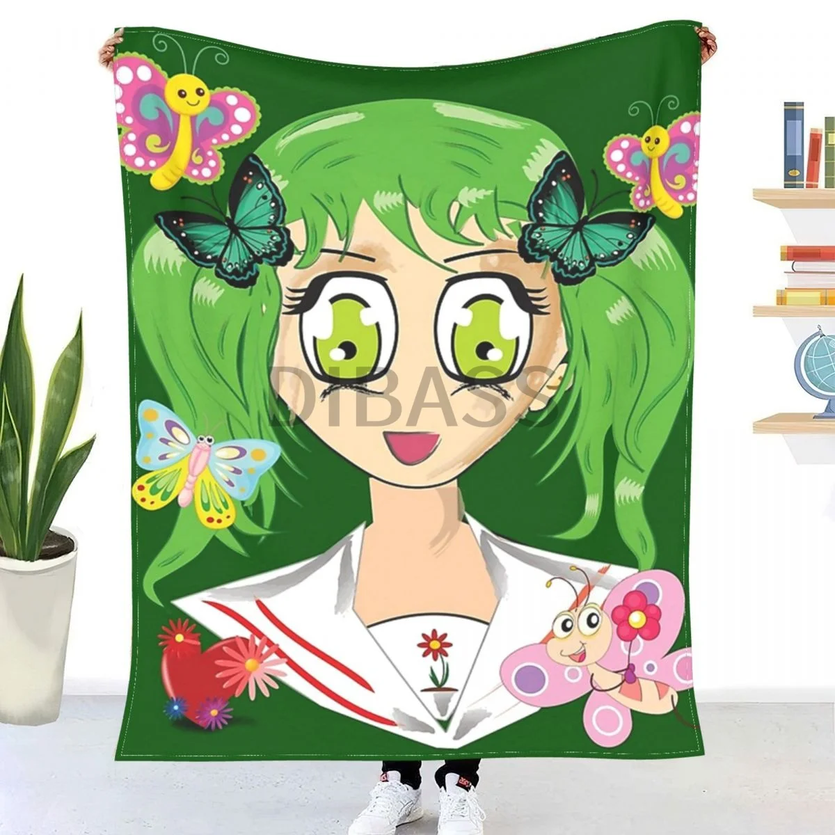 

Anime Green Haire Girl With Butterflys Throw Blanket 3D Printed Flannel Throw Blankets