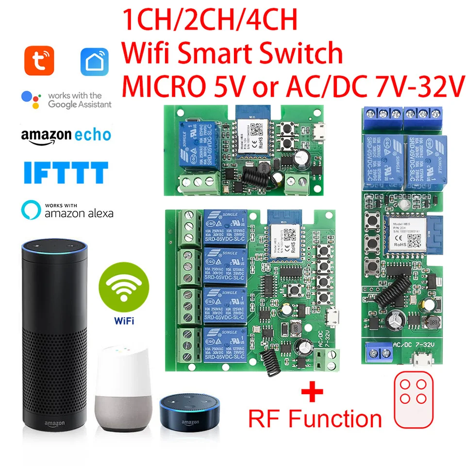 Умный Wi-Fi переключатель Tuya 1/433 каналов 7-32 В постоянного тока 5 12 24 МГц радиоресивер
