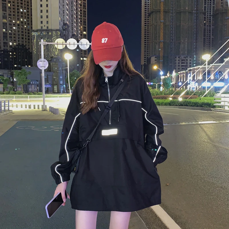

Fall 2020 new contrast color reflective hooded sunscreen long-sleeved thin top loose sweatshirt coat women's clothing