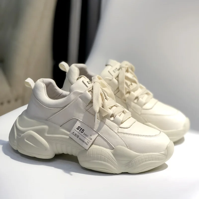 New White Leather Sneakers Women Autumn Fashion Comfortable Round Toe Thick-soled Sports Lace-up Non-slip Casual Women's Shoes