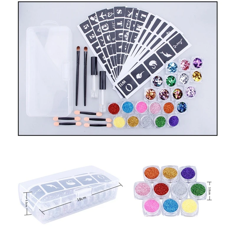 

98 Templates Set Flash Diamond Glitter Flash Powder For Temporary Tattoo Set Kids Face Body Painting Art Tools Suit