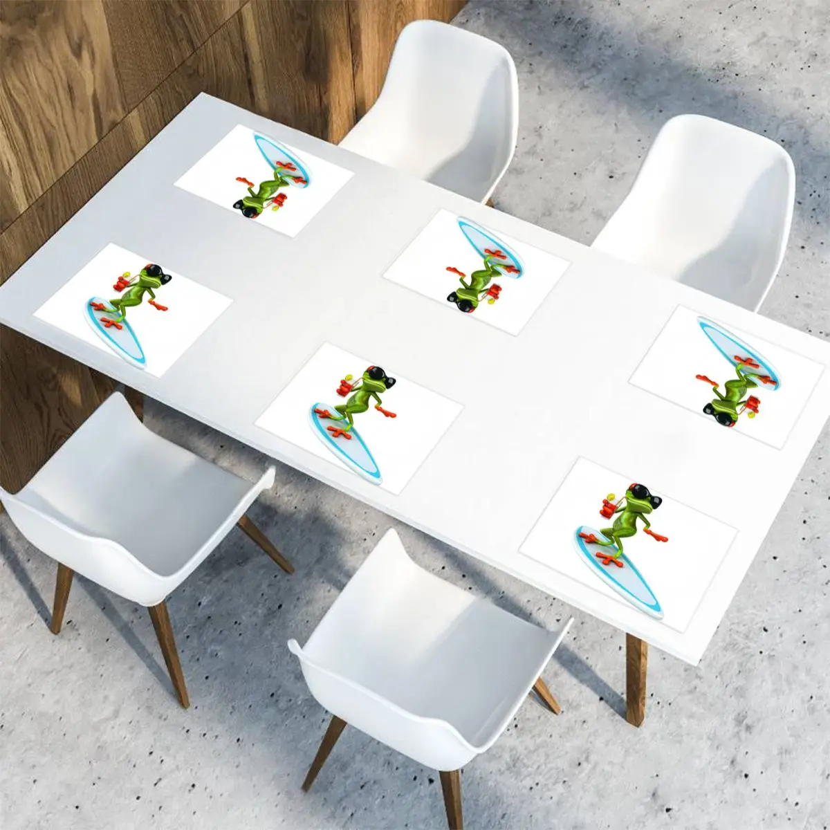 

6 Pcs Placemat Funny Green Frog Surfing With Sunglasses Fabric Table Mats Tableware Kitchen Tool Table Mats
