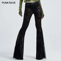 punk rave womens gothic fringe jacquard mesh skinny pants sexy transparent printed python texture waistband flared trousers