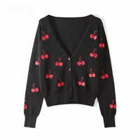 embroidery cherry v neck knitted cardigan fashion sweater women all match cardigans autumn cardigan blusas mujer de moda 2021