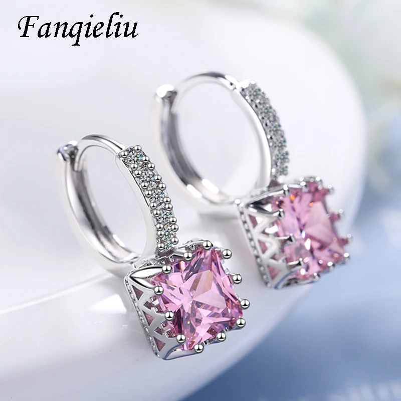 

Fanqieliu Square Pink Crystal Luxury Jewelry Dangle Solid 925 Sterling Silver Drop Earrings For Women FQL21014