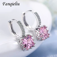 fanqieliu square pink crystal luxury jewelry dangle solid 925 sterling silver drop earrings for women fql21014