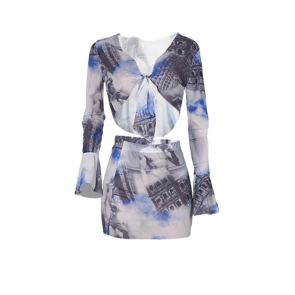 

Ladies Sexy Set Casual Irregular Print Long Sleeves Chic Mesh Crop Top Mini Dresses Women Two Piece Set