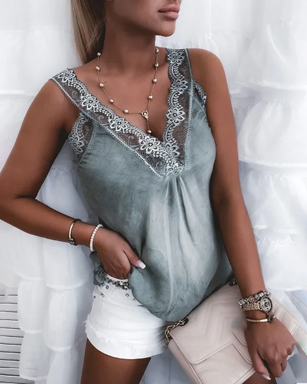 

Women's New Long-sleeved Blue Stitching Lace Vest Top