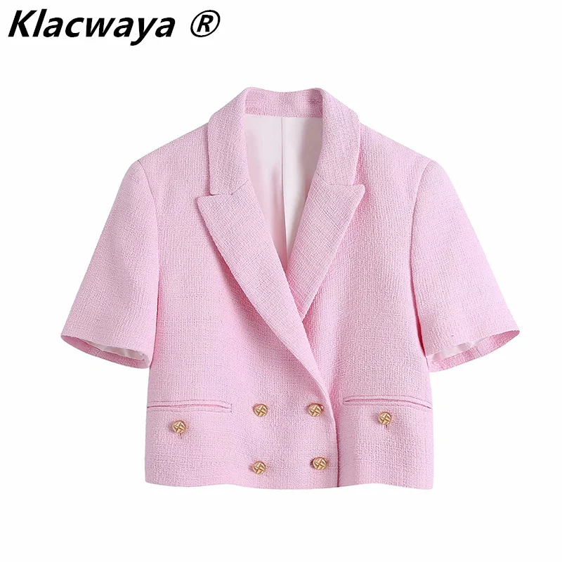 

Klacwaya Za Women Fashion Double Breasted Pockets Short Sleeve Texture Blazers Buttons 2021 Spring New Pink Short Coat Suit Set