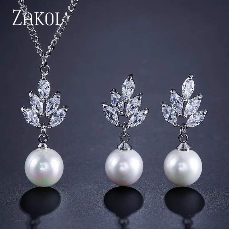 ZAKOL новые AAA CZ циркония и имитация жемчуга висячие серьги кулон ожерелье Набор