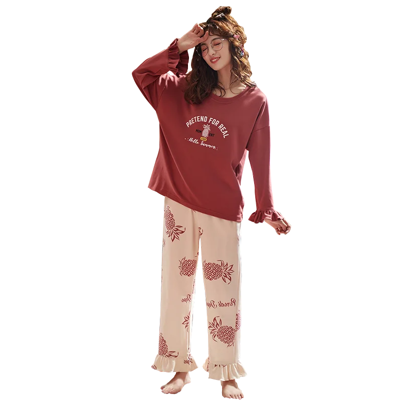 

Set For Women Cotton Homewear Comfortable Nightwear Loose Pijamas Pyjamas Red Sweet Style Sleepwear Ruffles Sleeves Pajamas