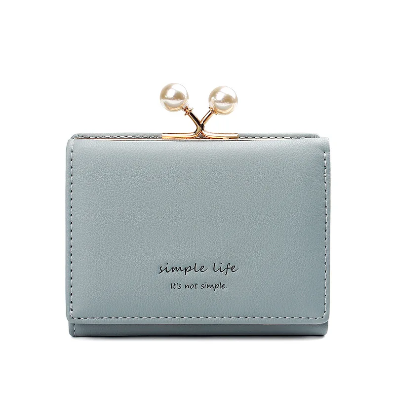 Blue Модный короткий женский кошелек с жемчужинами, мини однотонный кошелек на застежке для студентов, женский в Корейском стиле, держатель для кредитных карт - Цвет: Blue