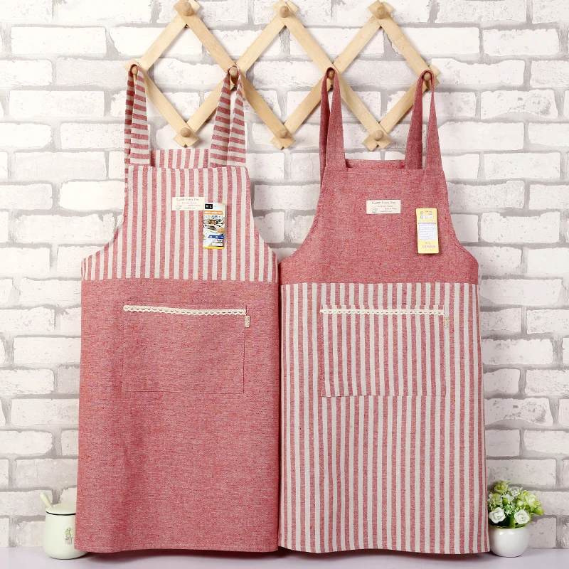 

Japanese-style stitching striped strap fabric simple cotton kitchen oil-proof coffee shop overalls shop clothing literary apron