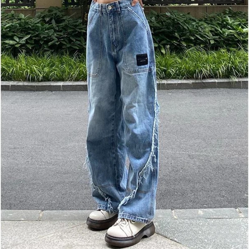 

Retro design blue ladies jeans Y2k straight and thin loose high waist wide leg mopping high street pants autumn 2021