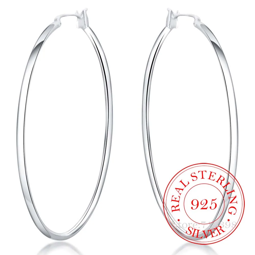 100% 925 Sterling Silver Hoop Earring Korean Big Smooth Circle Vintage Party Earrings for Women Wedding Party Jewelry Gift 2020