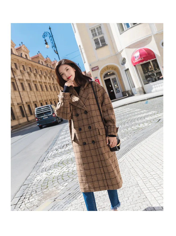 Vintage Plaids Clothes Loose Woollen Coat Women's New Checked Coat Baggy Silhouette Overcoat Tweeds Winter female Outerwear