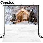 Зимний Рождественский фон для фотосъемки Снежный деревянный дом куклы Дерево Фрукты мечтательный мир Фотостудия