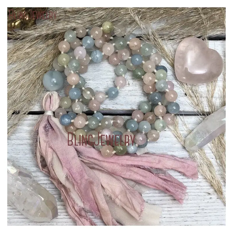 Morganite Beads Mala Hand Knotted 108 Mala Necklace Pink and Blue Stone Necklace With Sari Silk Tassel Necklace MN31376