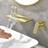 brushed gold bathroom basin faucet soild brass sink mixer hot cold in wall single handle 2 holes lavatory crane waterfall taps