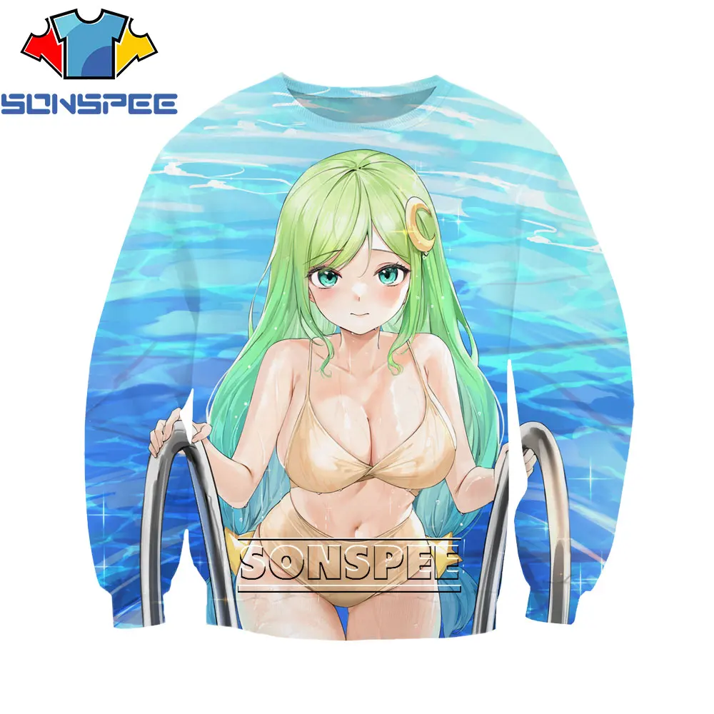 

SONSPEE 3D Anime Bikini Print Hoodie Autumn Winter Men's Round Neck Beach Swimming Pool Sexy Cartoon Oversized Hoodie