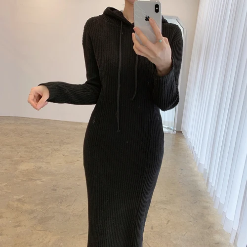 

Hooded Pullover Long Sleeve Knit Sweater Dress High Waist Bodycon Long Vestidos Solid Spring 2021 New Robe Sueter
