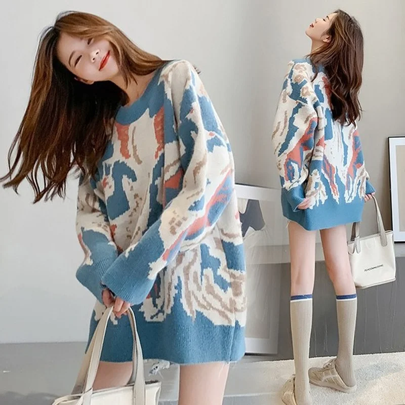 

New Women Winter Loose Mid-length Sweaters Print Knitted Sweater Women Elegant Blue Oversized Pullovers Streetwear Sueter Mujer