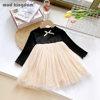 mudkingdom fashion girl dress solid patchwork bow mesh sequin ruffle long sleeve tutu dresses kids spring autumn toddler clothes