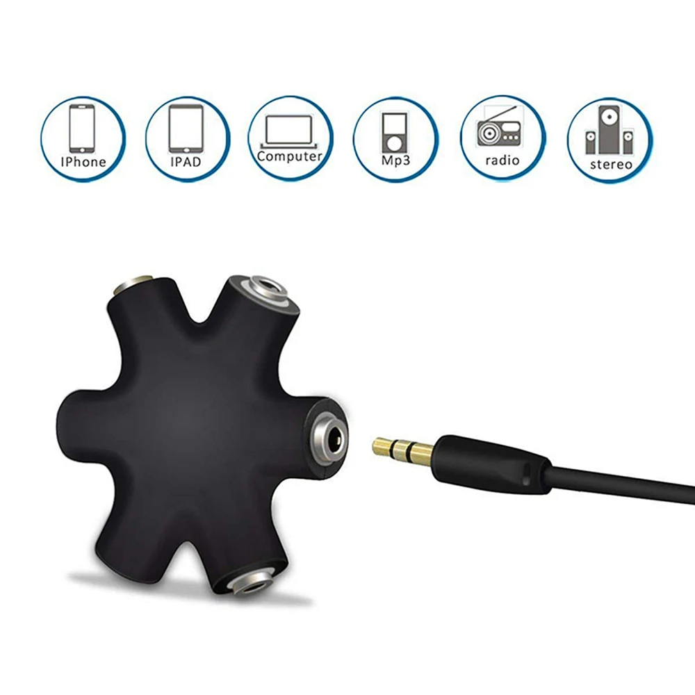 

Portable DVD Playback Headphone Crossover Audio Splitter 1 Input 5 Outputs 6 Holes With Adapter Cable Plastic Music Sharer