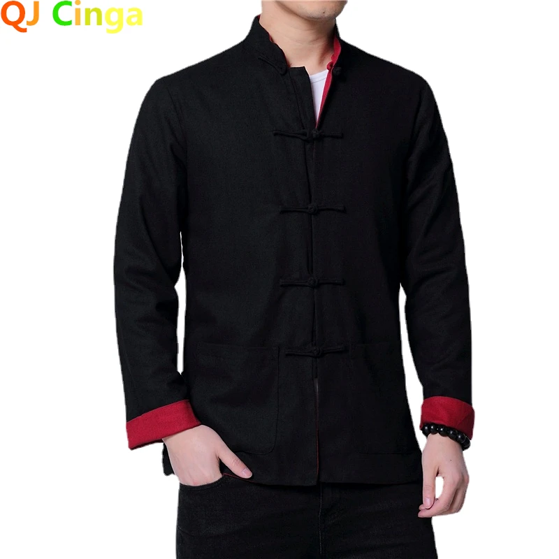 

Мужские куртки в китайском стиле с однобортным воротником, можно носить с обеих сторон, пальто из хлопчатобумажной и льняной ткани